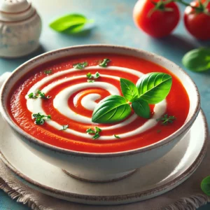 Een kom fluweelzachte tomatensoep (Velouté de tomates), rijk rood van kleur, gegarneerd met een swirl van room en fijngesneden verse basilicum. Geserveerd in een elegante kom in een gezellige vintage keuken met pastelkleuren en retro-accenten.