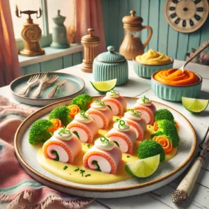 Elegante tongrolletjes gevuld met zalmmousse, geserveerd met een romige Hollandaise saus, gegarneerd met verse bieslook en schijfjes limoen. De borden zijn aangevuld met broccoli- en wortelpuree en staan in een lichte vintage keuken met pastelkleuren en retrodetails.