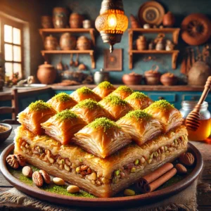 Traditionele Griekse baklava met lagen krokant fillodeeg, walnoten en honing-citroensiroop, geserveerd in ruitvorm op een gekleurd bord