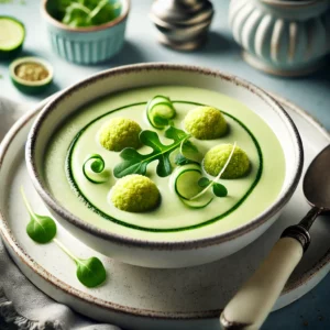 Een romige courgettesoep (Velouté de courgettes), lichtgroen van kleur, gegarneerd met kleine courgettebolletjes en een takje waterkers. Geserveerd in een elegante kom in een gezellige vintage keuken met pastelkleuren en retro-accenten.