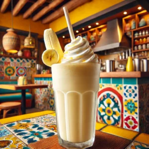 Bananenmilkshake met rietje, geserveerd in een Mexicaanse keuken met kleurrijke tegels.