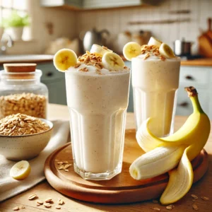 De afbeelding toont een verfrissende bananenshake, geserveerd in twee hoge glazen op een houten keukenblad. De shake is romig met zichtbare stukjes muesli en gegarneerd met schijfjes banaan. De achtergrond toont een lichte, gezellige keuken met natuurlijke belichting en gezonde ingrediënten zoals muesli, een banaan en een kannetje yoghurt. Het geheel straalt een huiselijke en gezonde sfeer uit.