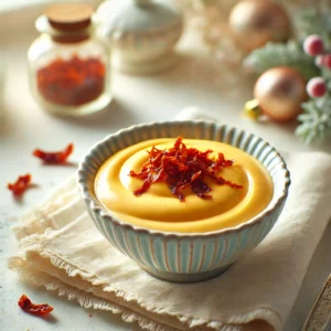 Een klein kommetje romige vissaus met saffraan, met een rijke, goudgele kleur en fijne stukjes gedroogde tomaat, geserveerd in een lichte vintage keuken met pastelkleuren en subtiele kerstdecoratie.