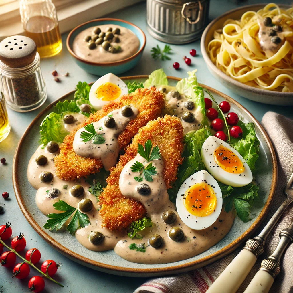 Gepaneerde en goudbruin gebakken escalopes van konijnerug, geserveerd op een bedje van verse sla met een romige saus van ansjovis, kappertjes en crème fraîche, gegarneerd met peterselie en aalbessen. Het gerecht wordt gepresenteerd in een gezellige vintage keuken met pastelkleuren en retro-accenten.