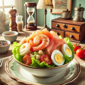 Een verse zalm-garnaalsalade geserveerd in een kleine kom, met dunne reepjes gerookte zalm, grijze garnalen, fijngehakte ijsbergsla, blokjes tomaat en hardgekookt ei. Licht besprenkeld met romige cocktailsaus en een vleugje peper, geplaatst in een gezellige vintage keuken met pastelkleuren en retro-accenten, verlicht door zacht natuurlijk licht.