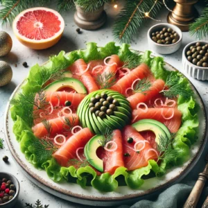Een verfijnde zalmcarpaccio, elegant gepresenteerd als voorgerecht met dunne plakjes gemarineerde zalm, blokjes avocado, kappertjes, dille en roze grapefruitschil. Geserveerd op lollo bionda sla in een lichte keuken met subtiele kerstdecoratie en natuurlijk licht dat de frisse kleuren benadrukt.