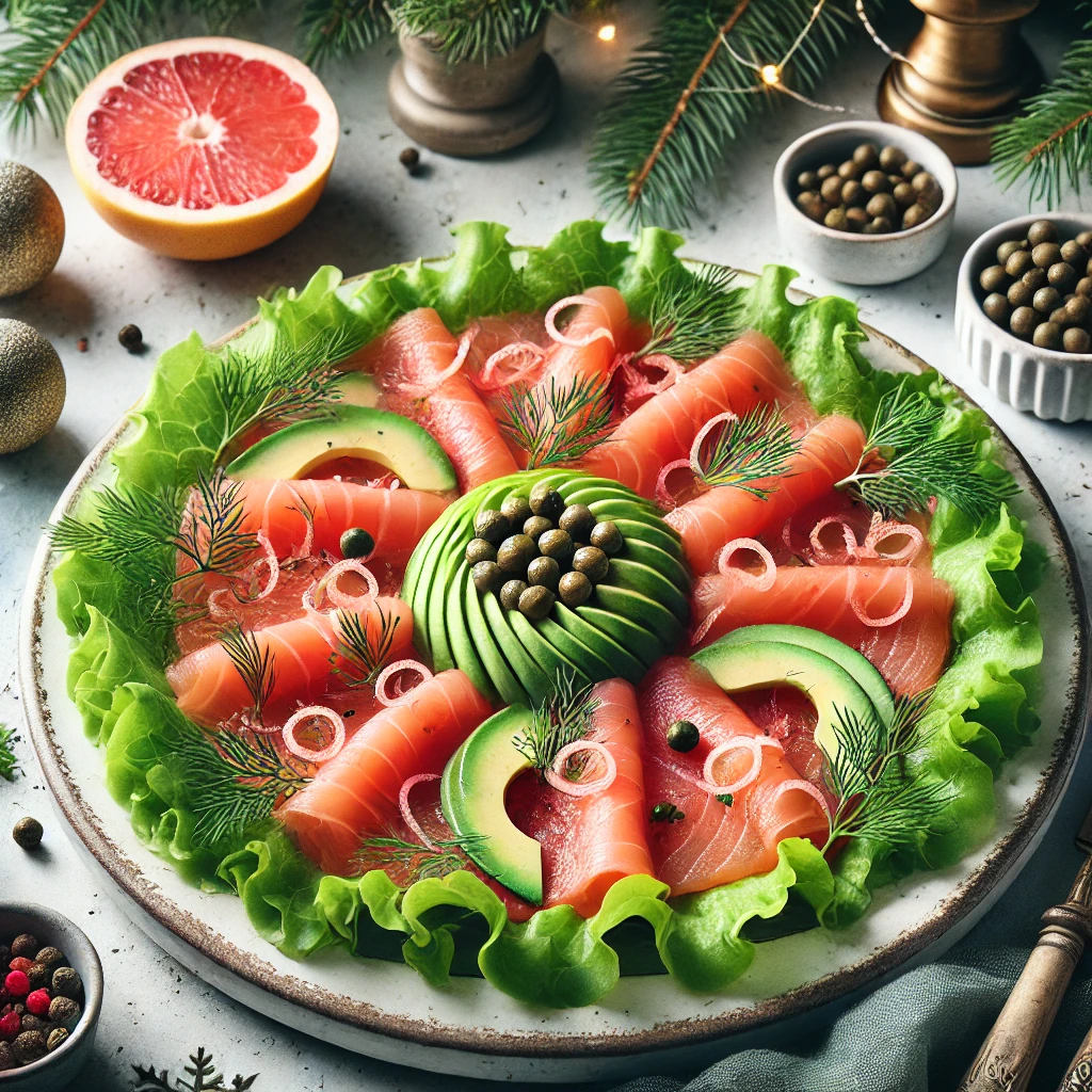 Een verfijnde zalmcarpaccio, elegant gepresenteerd als voorgerecht met dunne plakjes gemarineerde zalm, blokjes avocado, kappertjes, dille en roze grapefruitschil. Geserveerd op lollo bionda sla in een lichte keuken met subtiele kerstdecoratie en natuurlijk licht dat de frisse kleuren benadrukt.