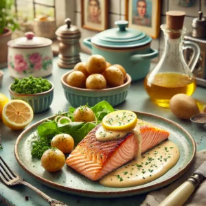 Een verfijnd gerecht van zalmfilet gebakken in zoutkorst, geserveerd met beurre blanc saus, kleine gekookte krieltjes in de schil, en een frisse groene salade. Het gerecht is gegarneerd met schijfjes citroen en gepresenteerd in een gezellige vintage keuken met pastelkleuren en retro-accenten.