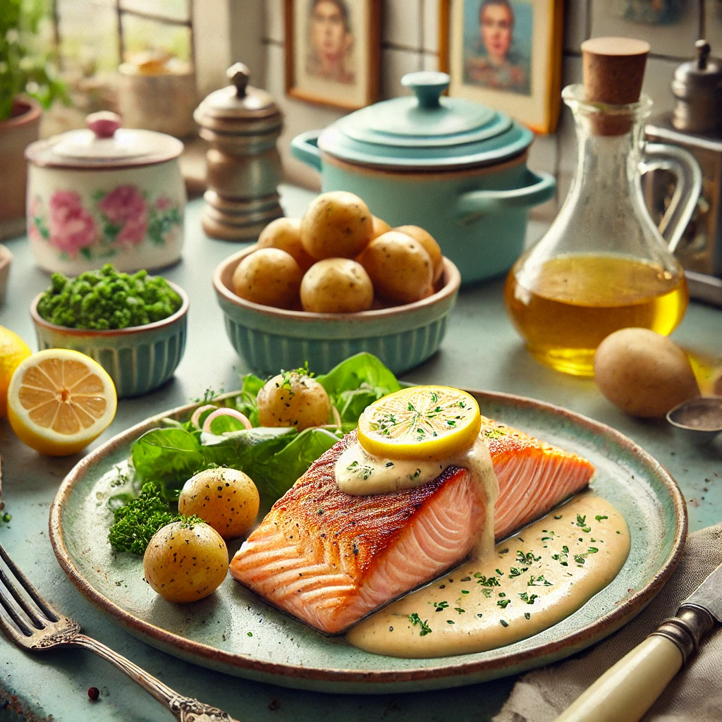 Een verfijnd gerecht van zalmfilet gebakken in zoutkorst, geserveerd met beurre blanc saus, kleine gekookte krieltjes in de schil, en een frisse groene salade. Het gerecht is gegarneerd met schijfjes citroen en gepresenteerd in een gezellige vintage keuken met pastelkleuren en retro-accenten.