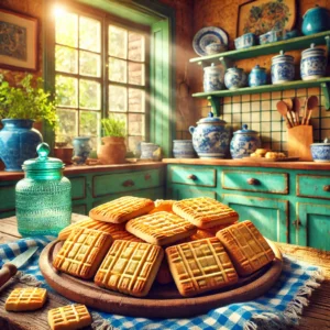 Een vrolijke, vintage foto van versgebakken Bastognekoeken, gerangschikt op een rustiek houten bord in een warme keuken met blauwe en groene accenten. De goudbruine, rechthoekige koeken liggen op een houten tafel bij een raam waar zacht licht doorheen valt. De keuken heeft vrolijke elementen zoals blauwe keramische potten, groen geschilderde houten kastjes en een blauw-wit geruite doek, wat zorgt voor een frisse en huiselijke sfeer die perfect past bij traditioneel Belgisch bakken.