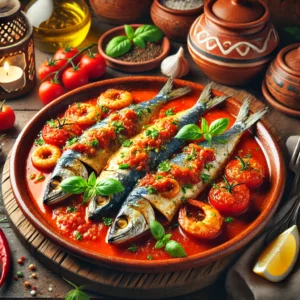 Gegrilde sardines met tomatensaus en kruiden, geserveerd in een mediterrane setting.