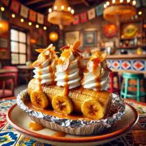 Gegrilde bananen in aluminiumfolie met sinaasappellikeur, toef slagroom en gekarameliseerde amandelen, geserveerd op een gekleurde schaal als dessert