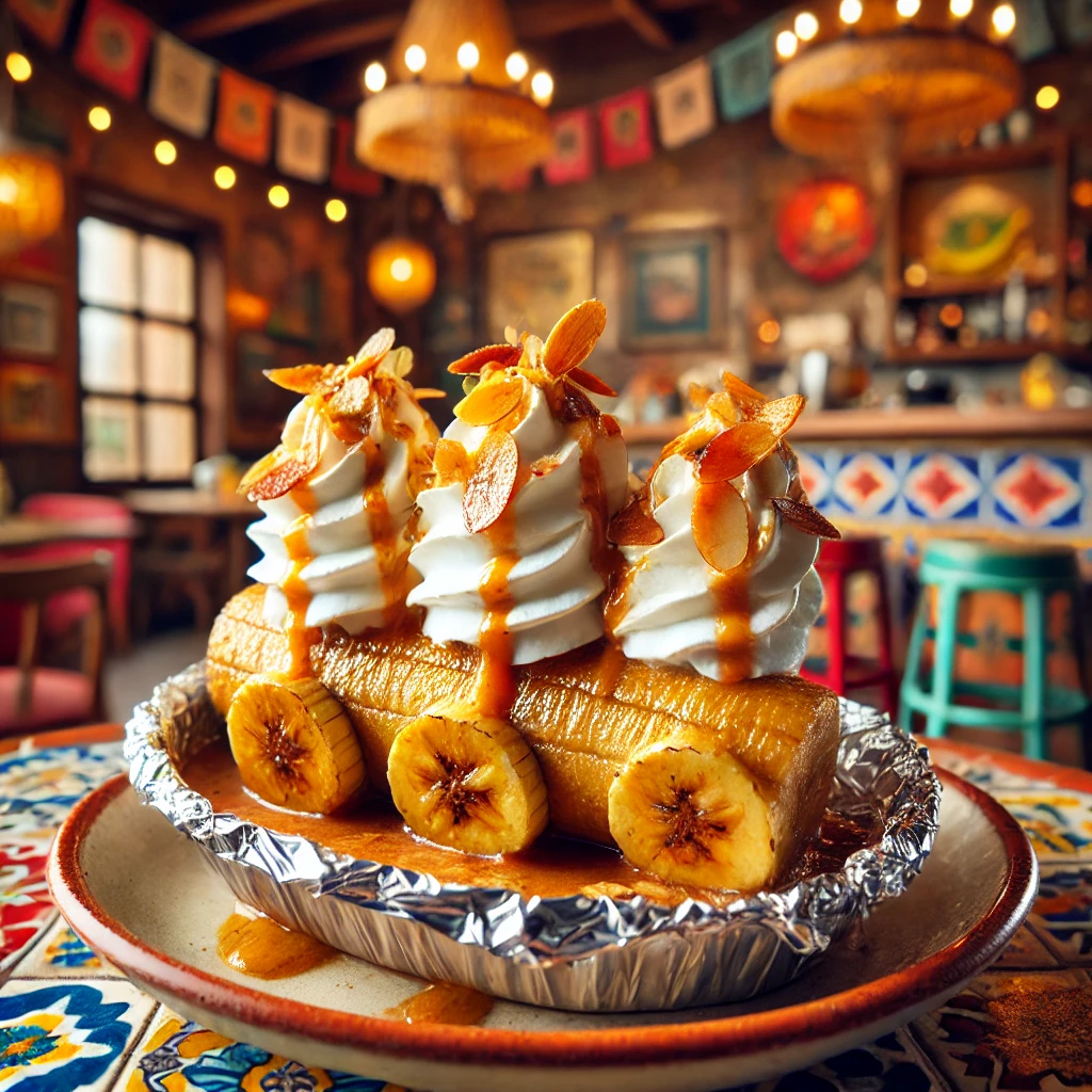 Gegrilde bananen in aluminiumfolie met sinaasappellikeur, toef slagroom en gekarameliseerde amandelen, geserveerd op een gekleurde schaal als dessert