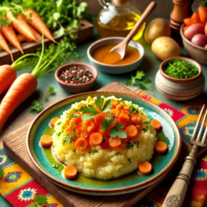 Een gezellige en kleurrijke keuken met een gerecht van aardappelpuree gemengd met wortel, santen en koriander, mooi gegarneerd met verse korianderblaadjes. Het gerecht is eenvoudig en elegant gepresenteerd op kleurrijke borden. Op de achtergrond zijn verse ingrediƫnten zoals wortels, aardappelen en santen te zien, samen met decoratieve elementen zoals een houten lepel en een vrolijk tafelkleed, wat een warme en uitnodigende sfeer creƫert.