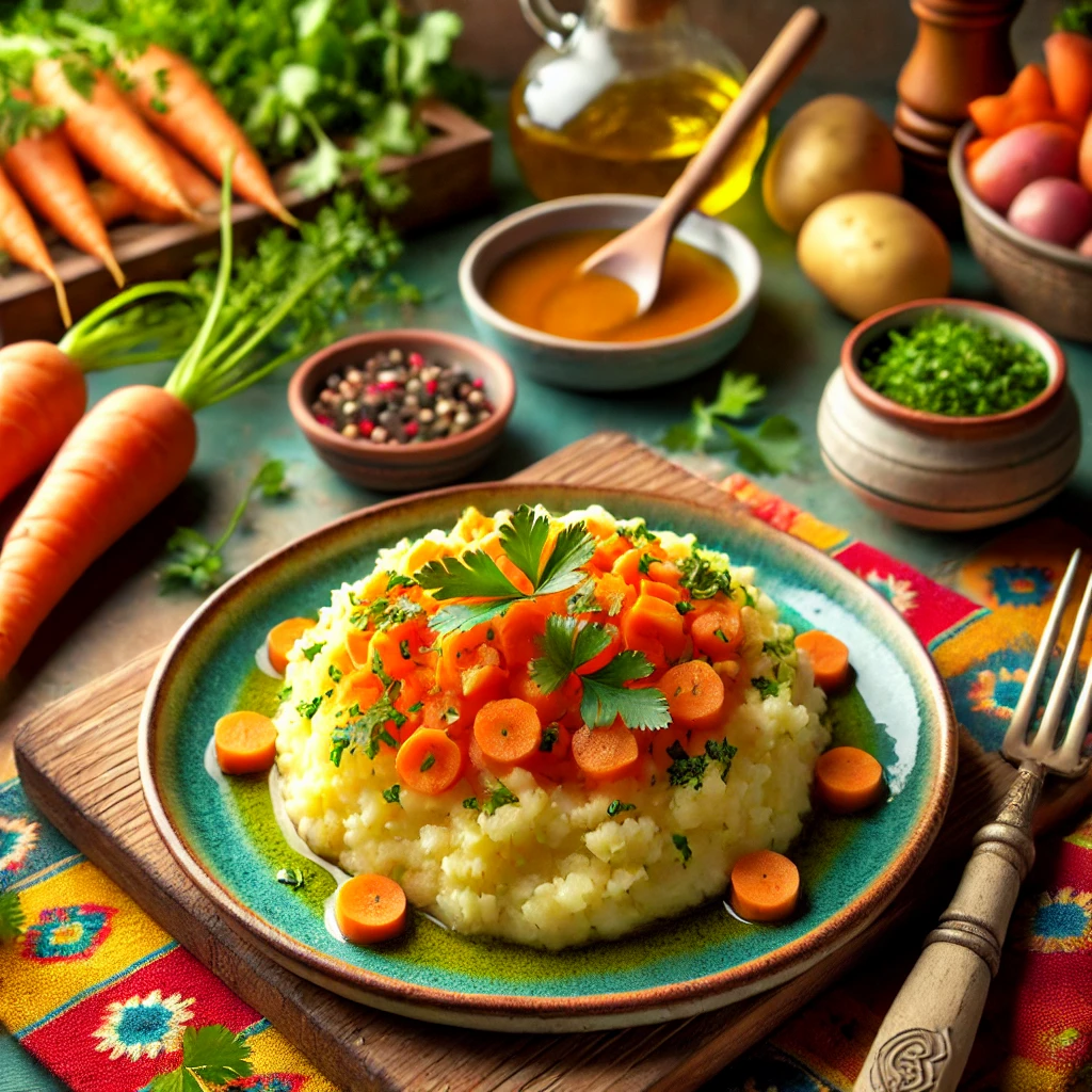 Een gezellige en kleurrijke keuken met een gerecht van aardappelpuree gemengd met wortel, santen en koriander, mooi gegarneerd met verse korianderblaadjes. Het gerecht is eenvoudig en elegant gepresenteerd op kleurrijke borden. Op de achtergrond zijn verse ingrediënten zoals wortels, aardappelen en santen te zien, samen met decoratieve elementen zoals een houten lepel en een vrolijk tafelkleed, wat een warme en uitnodigende sfeer creëert.
