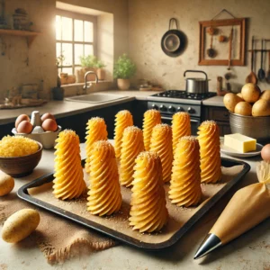 Een sfeervolle keuken met goudbruine aardappelpureetorentjes, bestrooid met sesamzaad. De torentjes zijn netjes opgespoten en liggen op een bakplaat, vers uit de oven. In de achtergrond zijn een spuitzak en ingrediƫnten zoals aardappelen, boter en eieren te zien, geplaatst op een schoon aanrecht in een gezellige keukenomgeving.