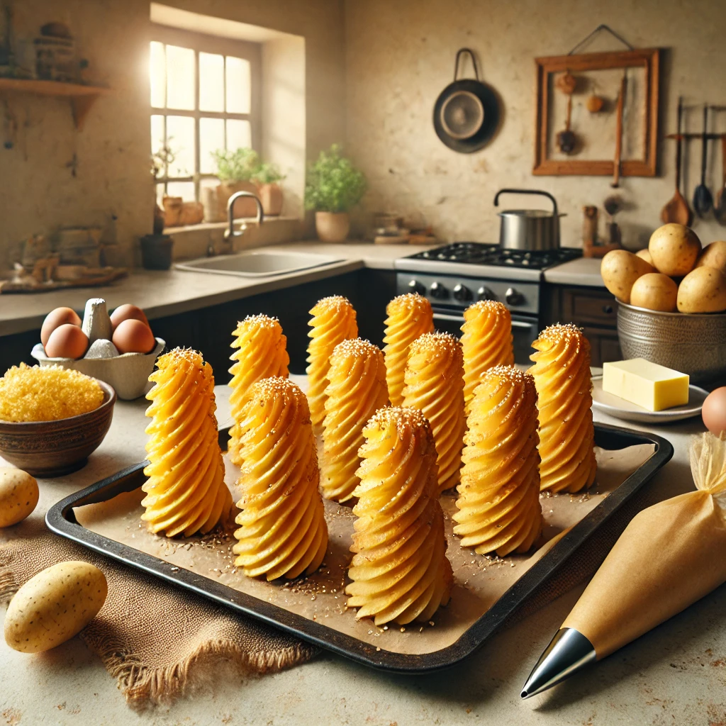 Een sfeervolle keuken met goudbruine aardappelpureetorentjes, bestrooid met sesamzaad. De torentjes zijn netjes opgespoten en liggen op een bakplaat, vers uit de oven. In de achtergrond zijn een spuitzak en ingrediënten zoals aardappelen, boter en eieren te zien, geplaatst op een schoon aanrecht in een gezellige keukenomgeving.