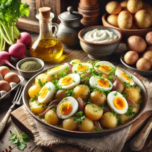 Een gezellige keuken met een hartig gerecht van aardappelragout met koolraap en een levendige tuinkerssaus. Het gerecht is rustiek geserveerd met gehalveerde gekookte eieren en verse tuinkers als garnering. In de achtergrond zijn verse ingrediënten zoals aardappelen, koolraap en tuinkers te zien, samen met een kom crème fraîche en houten keukenaccessoires, wat zorgt voor een warme en uitnodigende sfeer.