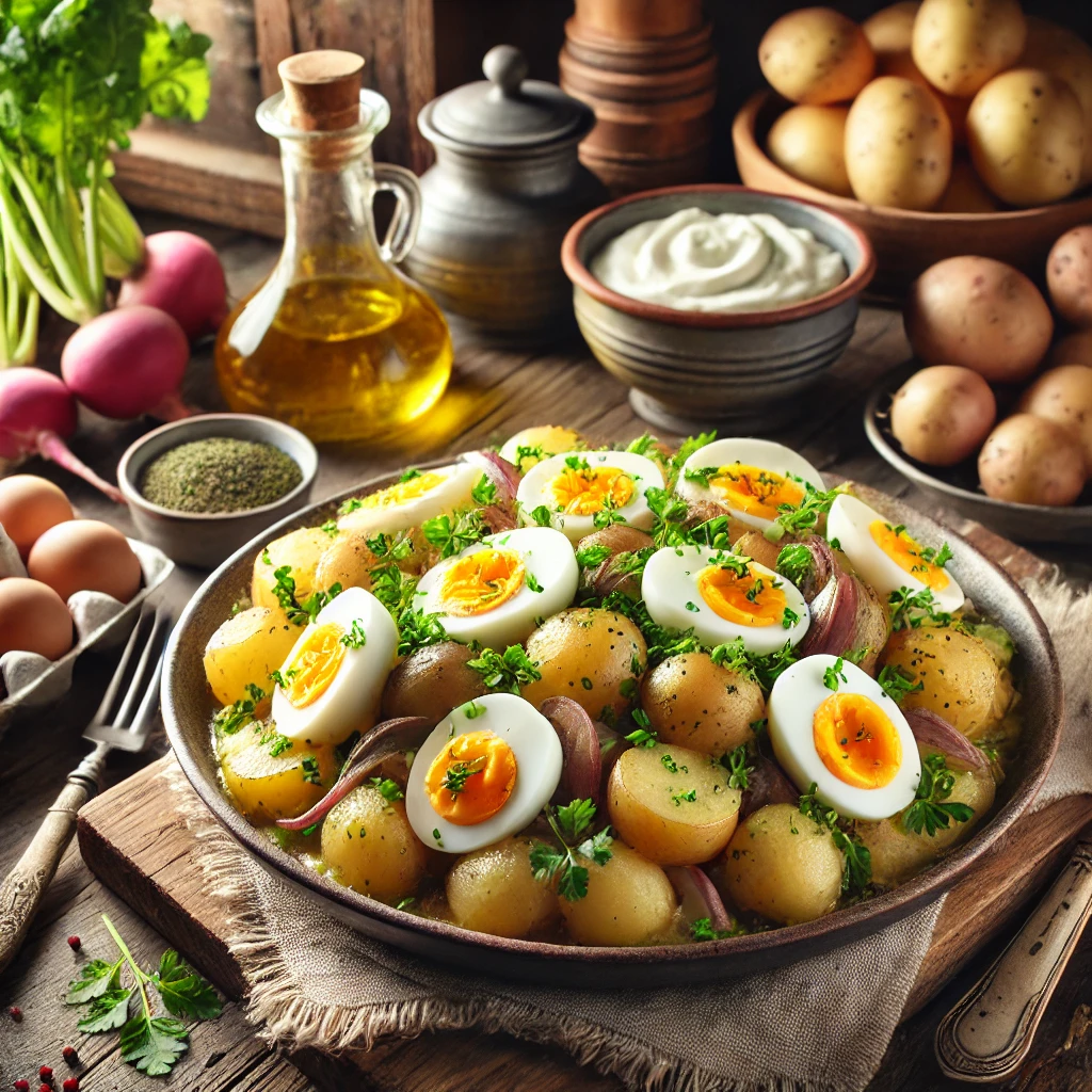 Een gezellige keuken met een hartig gerecht van aardappelragout met koolraap en een levendige tuinkerssaus. Het gerecht is rustiek geserveerd met gehalveerde gekookte eieren en verse tuinkers als garnering. In de achtergrond zijn verse ingrediënten zoals aardappelen, koolraap en tuinkers te zien, samen met een kom crème fraîche en houten keukenaccessoires, wat zorgt voor een warme en uitnodigende sfeer.