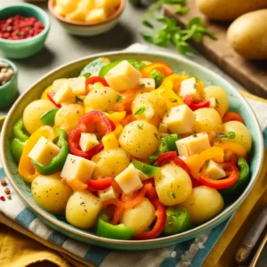 Een kleurrijk en smakelijk bord met aardappelsalade, gevuld met blokjes Goudse kaas, kleurrijke paprika's en een romige dressing. De salade is gegarneerd met verse kruiden en geserveerd in een vrolijke, informele eetsetting. Op tafel liggen verse ingrediƫnten zoals aardappelen, Goudse kaas en gesneden paprika's, wat zorgt voor een frisse en uitnodigende sfeer, perfect voor een zomerse maaltijd.