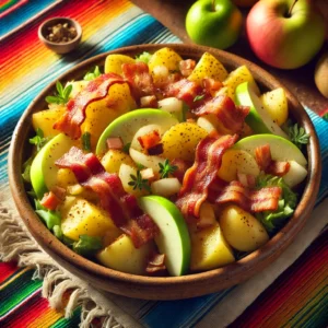 Een kleurrijke, Mexicaans geïnspireerde presentatie van 'Aardappelsalade met Knapperige Spekjes en Frisse Appel'. De salade wordt geserveerd in een rustieke keramische kom, gevuld met gouden aardappelblokjes, knapperige spekjes, frisse appelstukjes en gegarneerd met fijngehakte kruiden. De kom staat op een levendige Mexicaanse tafelkleed, met warme natuurlijke belichting die de frisheid van de ingrediënten benadrukt. Geen zichtbare tekst op de kom of in de achtergrond.