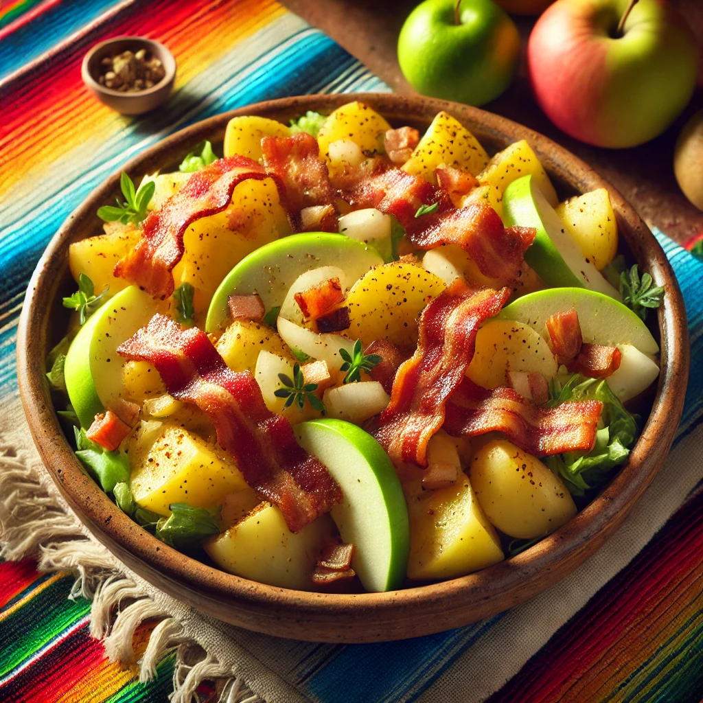 Een kleurrijke, Mexicaans geïnspireerde presentatie van 'Aardappelsalade met Knapperige Spekjes en Frisse Appel'. De salade wordt geserveerd in een rustieke keramische kom, gevuld met gouden aardappelblokjes, knapperige spekjes, frisse appelstukjes en gegarneerd met fijngehakte kruiden. De kom staat op een levendige Mexicaanse tafelkleed, met warme natuurlijke belichting die de frisheid van de ingrediënten benadrukt. Geen zichtbare tekst op de kom of in de achtergrond.
