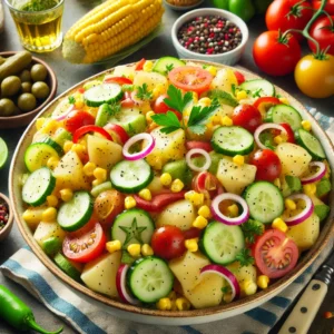 Een levendige en kleurrijke presentatie van Amerikaanse aardappelsalade, met een mix van blokjes aardappelen, appels, maïs, komkommer, groene en rode paprika, augurkjes, tomaten, uien en zilveruitjes. De salade is gegarneerd met verse peterselie en geserveerd in een casual, familiebowl. De keukenomgeving bevat verse ingrediënten zoals jalapeño's, limoenen en kruiden, met een heldere en uitnodigende decoratie die een feestelijke eetsfeer oproept.