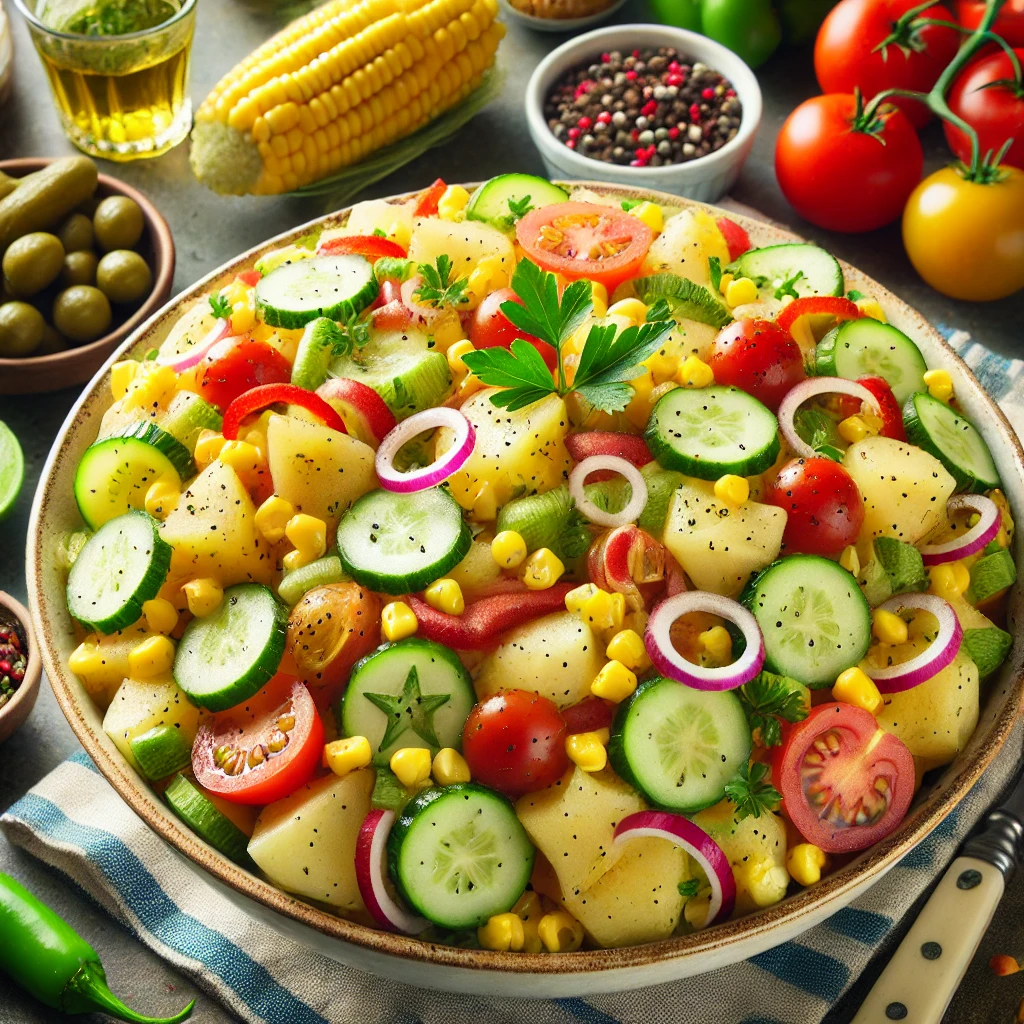 Een levendige en kleurrijke presentatie van Amerikaanse aardappelsalade, met een mix van blokjes aardappelen, appels, maïs, komkommer, groene en rode paprika, augurkjes, tomaten, uien en zilveruitjes. De salade is gegarneerd met verse peterselie en geserveerd in een casual, familiebowl. De keukenomgeving bevat verse ingrediënten zoals jalapeño's, limoenen en kruiden, met een heldere en uitnodigende decoratie die een feestelijke eetsfeer oproept.