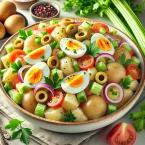 Een frisse en kleurrijke presentatie van aardappelsalade uit Californië, met blokjes aardappel, hardgekookte eieren, bleekselderij, rode ui, mayonaise en plakjes gemarineerde olijven. De salade is gegarneerd met peterselie, selderijgroen, tomatenschijfjes en radijsrondjes, en geserveerd in een grote decoratieve schaal. De achtergrond toont verse ingrediënten zoals bleekselderij, peterselie en aardappelen, geplaatst in een heldere en vrolijke keuken die een zonnige Californische sfeer oproept, ideaal voor zomerse bijeenkomsten.