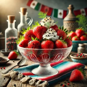 Een kleurrijke Mexicaans geïnspireerde presentatie van 'Aardbeien met Zwarte Peper'. Verse, sappige aardbeien zijn stijlvol gerangschikt in een glazen kom, besprenkeld met versgemalen zwarte peper, een scheutje room en een vleugje dille. De setting is op een rustieke houten tafel, omringd door subtiele Mexicaanse decoratieve elementen en warme kleuren, met natuurlijk licht dat de frisheid van de aardbeien benadrukt. Er is geen tekst zichtbaar op de kommen, borden of in de achtergrond.