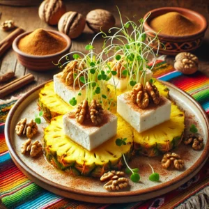 Een levendig gepresenteerd gerecht van "Ananas met Walnotenkaas" in een Mexicaans geïnspireerde stijl. Twee sappige ananasschijven geserveerd op een decoratieve keramische schaal, elk met een romige bol walnotenkaas erop, gegarneerd met hele walnoten, een snufje kaneel en frisse alfalfa-spruiten. De achtergrond straalt een warme Mexicaanse sfeer uit met kleurrijke patronen en rustieke elementen, waardoor het dessert een uitnodigende en exotische uitstraling krijgt. 🌟🍍