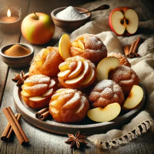 Een sfeervolle presentatie van appel-kaneel oliebollen, goudbruin gebakken en royaal bestrooid met poedersuiker. De oliebollen bevatten zichtbare stukjes appel en subtiele hints van kaneel. Ze zijn aantrekkelijk opgestapeld op een rustieke houten tafel, versierd met appelpartjes en kaneelstokjes. De setting straalt warmte uit met sfeervolle verlichting en een lichte strooiing van poedersuiker. 🍎✨🍩