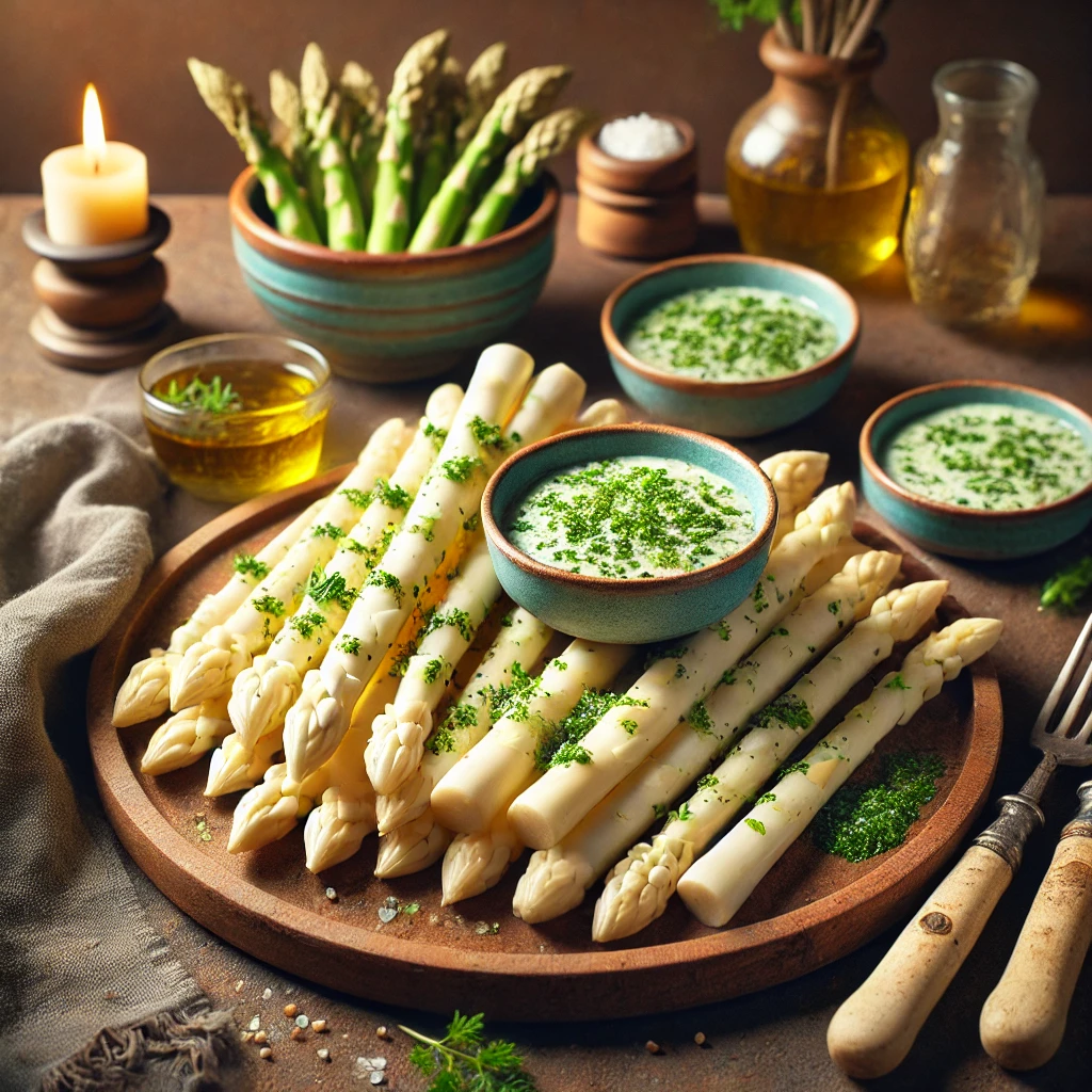 Een elegante presentatie van 'Asperges met Kruidenbotersaus' op een rustieke houten serveerschaal. De witte asperges zijn netjes gerangschikt en overgoten met een romige, gouden kruidenbotersaus met groene kruidensporen. Naast de asperges staat een schaaltje met extra saus, versierd met een takje verse kruiden en een subtiele hint van citroensap. De warme, uitnodigende achtergrond versterkt de gezellige sfeer. Er is nergens tekst zichtbaar op het servies of in de omgeving. 🌿🍋✨