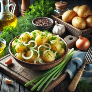 Een rustieke en smakelijke presentatie van Beierse aardappelsalade, gemaakt met nieuwe aardappeltjes, lente-uitjes, knoflook, dille en een lichte olijfoliedressing. De salade is gegarneerd met verse peterselie en geserveerd in een eenvoudige, traditionele schaal. Op de achtergrond zijn verse ingrediƫnten zoals dille, aardappelen en olijfolie te zien, met een gezellige en uitnodigende keuken die traditionele Beierse charme uitstraalt.