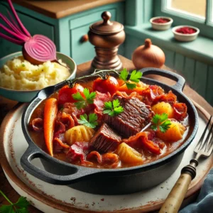Een stevige en rustieke Belgische stoofpot (klapstuk), geserveerd in een gietijzeren pot. Het gerecht bevat malse stukken rundvlees, plakjes wortel en ui in een rijke bierjus, gegarneerd met krokant spek en verse peterselie. De tafelsetting toont aardappelpuree en een rode bietensalade als bijgerechten. Zacht natuurlijk licht uit een raam verlicht de gezellige keuken, met pastelgroene en blauwe kastjes op de achtergrond, wat een uitnodigende sfeer creëert.