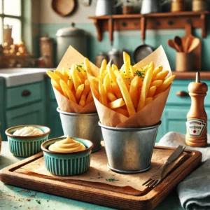 Een aantrekkelijk beeld van authentieke Belgische friet, goudbruin en krokant, geserveerd in een rustieke metalen frietzak met bakpapier. De frieten liggen op een houten plank, vergezeld van kleine schaaltjes met mayonaise en ketchup. De achtergrond toont een gezellige keuken met pastelgroene en blauwe kastjes, zacht natuurlijk licht en rustieke keukengerei, wat een warme en uitnodigende sfeer creëert.