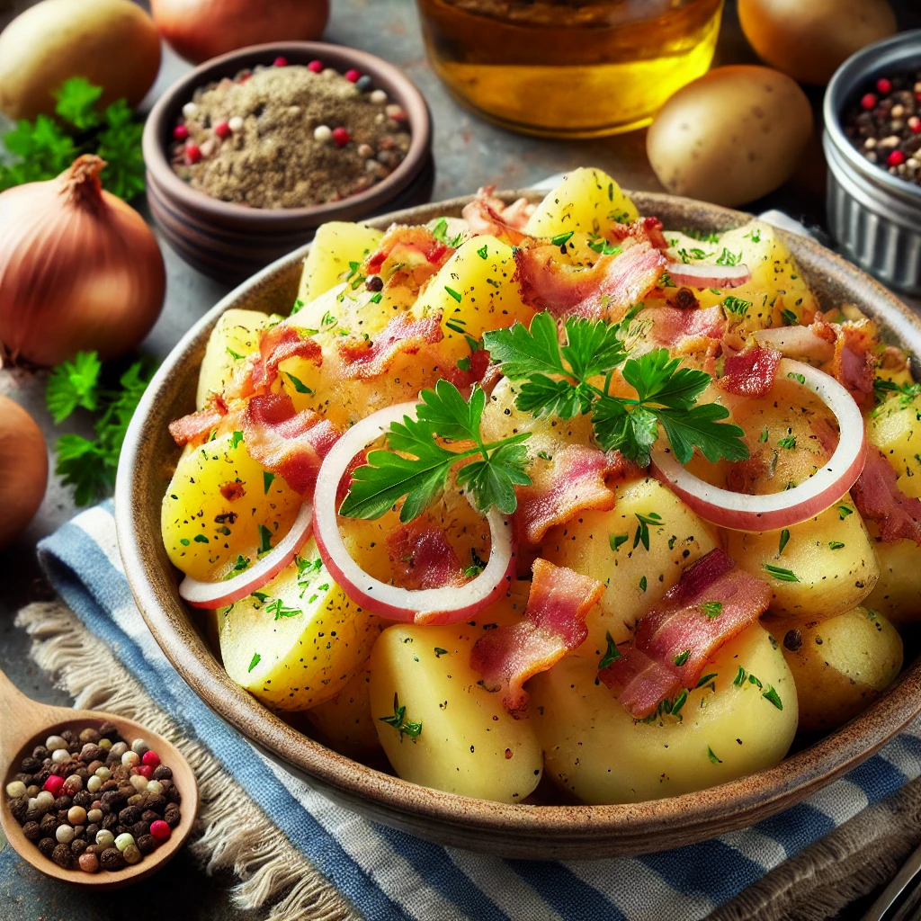 Een traditionele presentatie van Berlijnse aardappelsalade, met warme gesneden aardappelen, knapperige spekblokjes en een lichte dressing van azijn, bouillon en kruiden. De salade is gegarneerd met verse peterselie en geserveerd in een rustieke schaal. Op de achtergrond zijn verse ingrediënten zoals uien, aardappelen en peterselie te zien, geplaatst in een gezellige, traditionele Duitse keuken, perfect als bijgerecht voor grill- of barbecuemaaltijden.