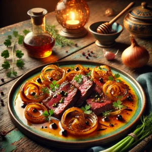 Een smaakvolle presentatie van 'Bieflapje met Sjalotjes en Honing'. Malse bieflapreepjes zijn bedekt met een glanzende honing-ketjapsaus, omringd door goudbruine gekarameliseerde sjalotjes en afgewerkt met verse kruiden. Het gerecht wordt geserveerd op een rustieke keramische schaal, geplaatst op een houten tafel met een warme, sfeervolle achtergrond. 🍯🥩🧅✨