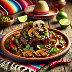Een Mexicaans geïnspireerde presentatie van biefstuk met champignon-portsaus, geserveerd op een rustiek aardewerken bord. De malse biefstukplakjes zijn bedekt met een glanzende champignon-portsaus en gegarneerd met verse koriander, limoenpartjes en kleurrijke chilipepers. De achtergrond bevat levendige Mexicaanse textielpatronen, een houten tafelsetting en warm, natuurlijk licht, wat een feestelijke en uitnodigende sfeer creëert. 🌶️🥩✨
