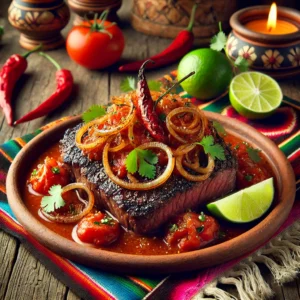 Een Mexicaans geïnspireerde presentatie van biefstuk met sjalotjes en tomatensaus, geserveerd op een rustiek aardewerken bord. De malse biefstuk is bedekt met een rijke tomatensaus, doordrenkt met gekarameliseerde sjalotjes. De garnering bestaat uit verse koriander, schijfjes limoen en kleurrijke chilipepers. De setting is omlijst met traditionele Mexicaanse textielpatronen, een houten tafel en warm, sfeervol licht voor een uitnodigende presentatie. 🌶️🥩🍅✨