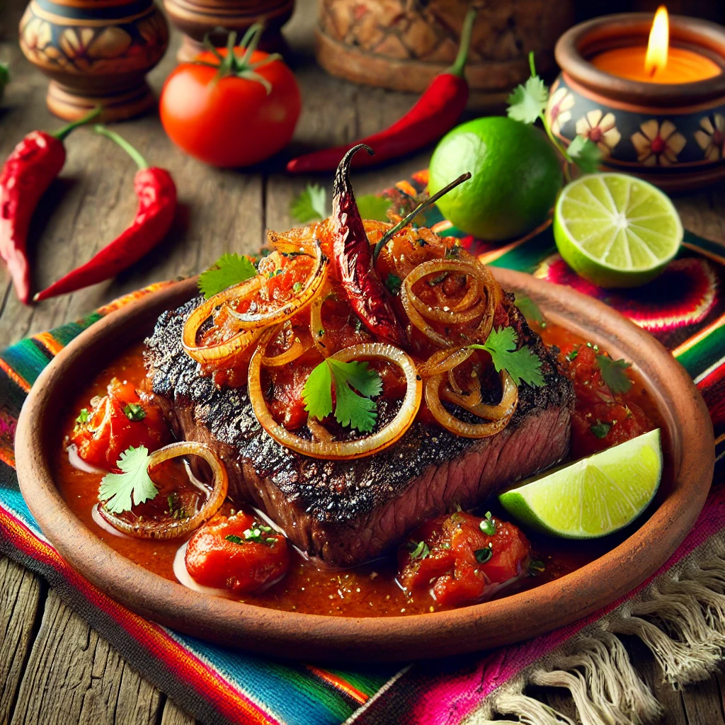 Een Mexicaans geïnspireerde presentatie van biefstuk met sjalotjes en tomatensaus, geserveerd op een rustiek aardewerken bord. De malse biefstuk is bedekt met een rijke tomatensaus, doordrenkt met gekarameliseerde sjalotjes. De garnering bestaat uit verse koriander, schijfjes limoen en kleurrijke chilipepers. De setting is omlijst met traditionele Mexicaanse textielpatronen, een houten tafel en warm, sfeervol licht voor een uitnodigende presentatie. 🌶️🥩🍅✨