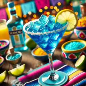 Blue Eyes-cocktail in een martiniglas, gevuld met vergruisd ijs en een heldere blauwe tint van Blue Curacao en Feigling, gegarneerd met een schijfje citroen en gepresenteerd in een vrolijke Mexicaanse setting met kleurrijke decoraties en limoenpartjes. 🌮🎉