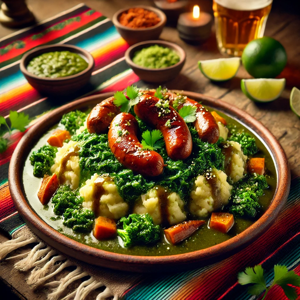 Een Mexicaans geïnspireerde presentatie van boerenkoolstamppot met saucijsjes, geserveerd op een rustiek aardewerken bord. De stamppot is romig en levendig groen, met sappige saucijsjes erbovenop, rijkelijk besprenkeld met een donkere biersaus. Het gerecht is gegarneerd met verse koriander en partjes limoen. De setting bevat kleurrijke Mexicaanse textielpatronen, een houten tafel en warm sfeervol licht, wat zorgt voor een uitnodigende en feestelijke sfeer. 🌿🍲✨