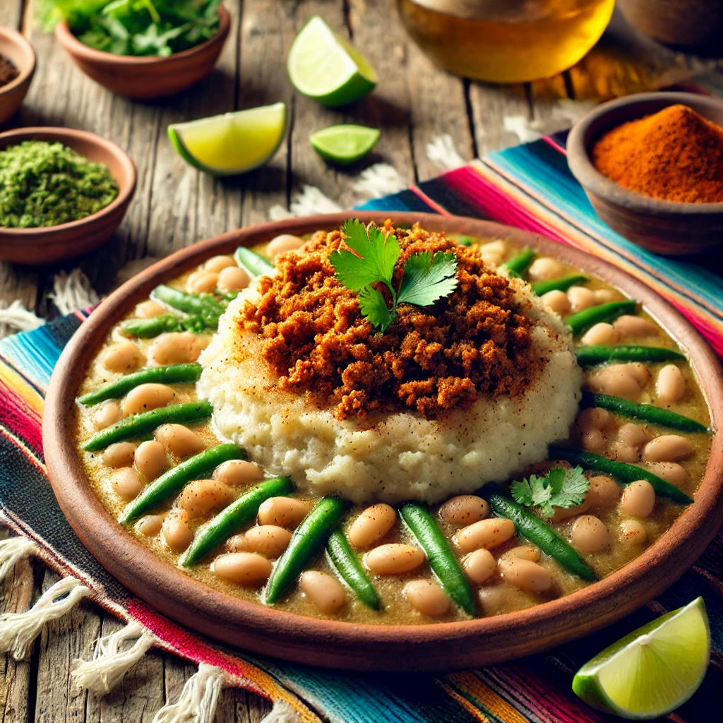 Een Mexicaans geïnspireerde presentatie van bonenstamppot met gehakt, geserveerd op een rustiek aardewerken bord. De romige stamppot is bereid met aardappelen, groene bonen en witte bonen, met gekruid gehakt erbovenop. Het gerecht is afgewerkt met verse koriander, partjes limoen en een vleugje mild paprikapoeder. De tafel is versierd met kleurrijke Mexicaanse textielpatronen, een houten ondergrond en warm, sfeervol licht, wat zorgt voor een uitnodigende eetervaring. 🌿🍲✨