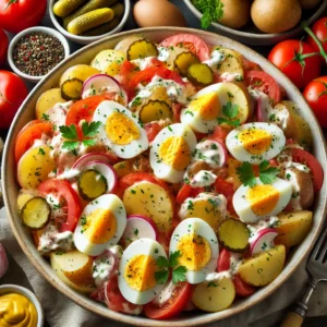 Een kleurrijke en smakelijke presentatie van een Bonte aardappelsalade met plakjes aardappel, partjes hardgekookt ei, tomaten en augurken, gemengd met een romige dressing van yoghurt, zure room en mosterd. De salade is geserveerd in een grote, uitnodigende schaal en licht gegarneerd met verse kruiden. Op de achtergrond zijn verse ingrediënten zoals tomaten, eieren en aardappelen te zien in een gezellige en vrolijke keukenomgeving, ideaal voor een verfrissende zomerse maaltijd.