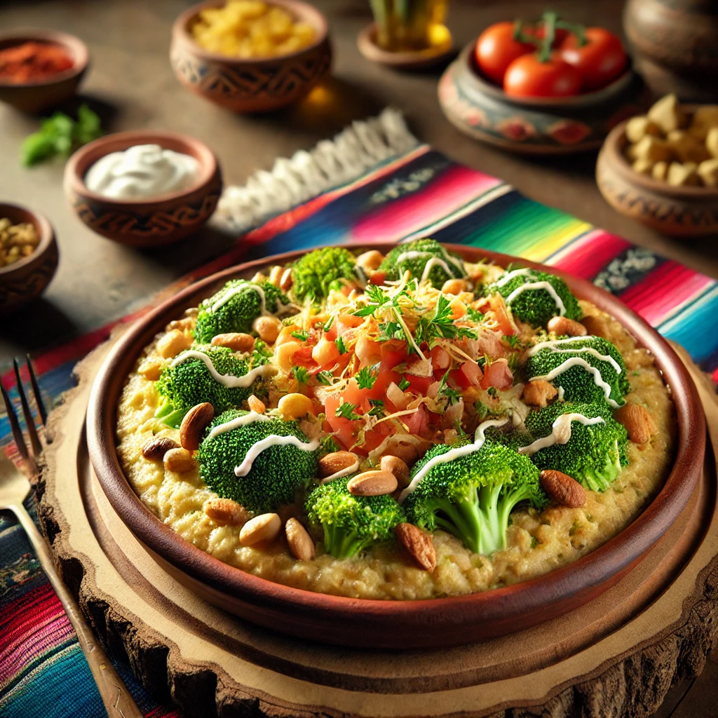 Een Mexicaans geïnspireerde presentatie van broccolistamppot met noten, geserveerd in een rustieke aardewerken schaal op een houten tafel. De romige stamppot combineert aardappelen en broccoli, en is gegarneerd met gehakte tomaten, geroosterde gemengde noten, gesmolten oude kaas en een scheutje zure room. Verse koriander maakt het gerecht af. De setting wordt omlijst door kleurrijke Mexicaanse textielpatronen, een houten ondergrond en warm sfeervol licht, wat zorgt voor een uitnodigende en feestelijke sfeer. 🌿🥔✨