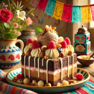Brownie IJstaart, bestaande uit lagen rijke chocoladebrownie en romig ijs, gegarneerd met verse frambozen, gekarameliseerde macadamianoten en witte chocoladeslierten, gepresenteerd in een vrolijke Mexicaanse setting met kleurrijke decoraties en een feestelijke sfeer. 🎉🍫🍦