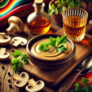 Een sfeervolle presentatie van een Champignon Cognacsaus, geserveerd in een rustieke keramische sauskom. De saus heeft een romige, goudbruine kleur en is gegarneerd met verse selderijblaadjes. Rondom de kom liggen plakjes champignons, een glas cognac en een lepel. De setting is aangekleed met kleurrijke Mexicaanse textielpatronen en warme sfeerverlichting. 🍄✨🥄