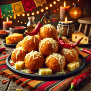 Een smaakvolle presentatie van chili-kaas oliebollen, goudbruin gebakken met een knapperige textuur. De oliebollen tonen zichtbare stukjes gesmolten kaas en rode chilivlokken. De setting is aangekleed met kleurrijke Mexicaanse textielpatronen, verspreide kaasblokjes, rode pepers en warme sfeerverlichting. 🧀🌶️✨