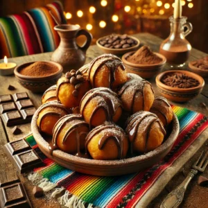 Een feestelijke presentatie van chocolade-oliebollen, goudbruin gebakken en rijkelijk bedekt met gesmolten chocolade en een lichte strooiing van poedersuiker. Sommige oliebollen tonen zichtbare chocoladestukjes in het deeg. De setting straalt een Mexicaanse sfeer uit met kleurrijke textielpatronen, verspreide chocoladestukjes en warme sfeerverlichting. 🍫✨🌺